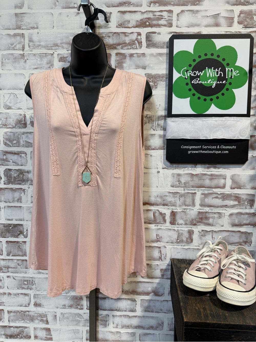 Cable & Gauge Blush Pink Sleeveless V-Neck Tank with Crochet Trim